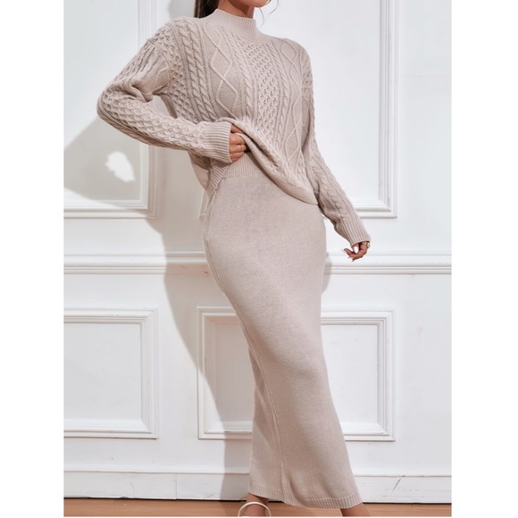 2 Piece Knit Skirt Set Blush Color Long Skirt & Cable Knit Sweater - Picture 6 of 11